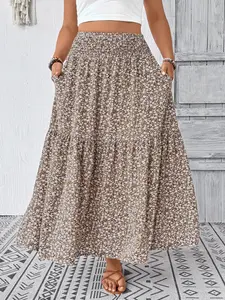 Women's Bohemian Floral High Waist A-Line Long Dress, Lightweight Flowy Fabric, Casual Daily Wear, Vacation, Music Festivals, Skirts, Boho, Maxi
