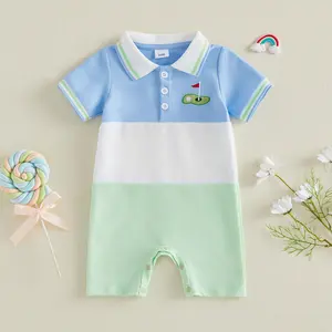 Imcute Infant Baby Boy Summer Romper Golf Embroidered Contrast Color Button Collared Short Sleeve Newborn Jumpsuit 0-18 Months