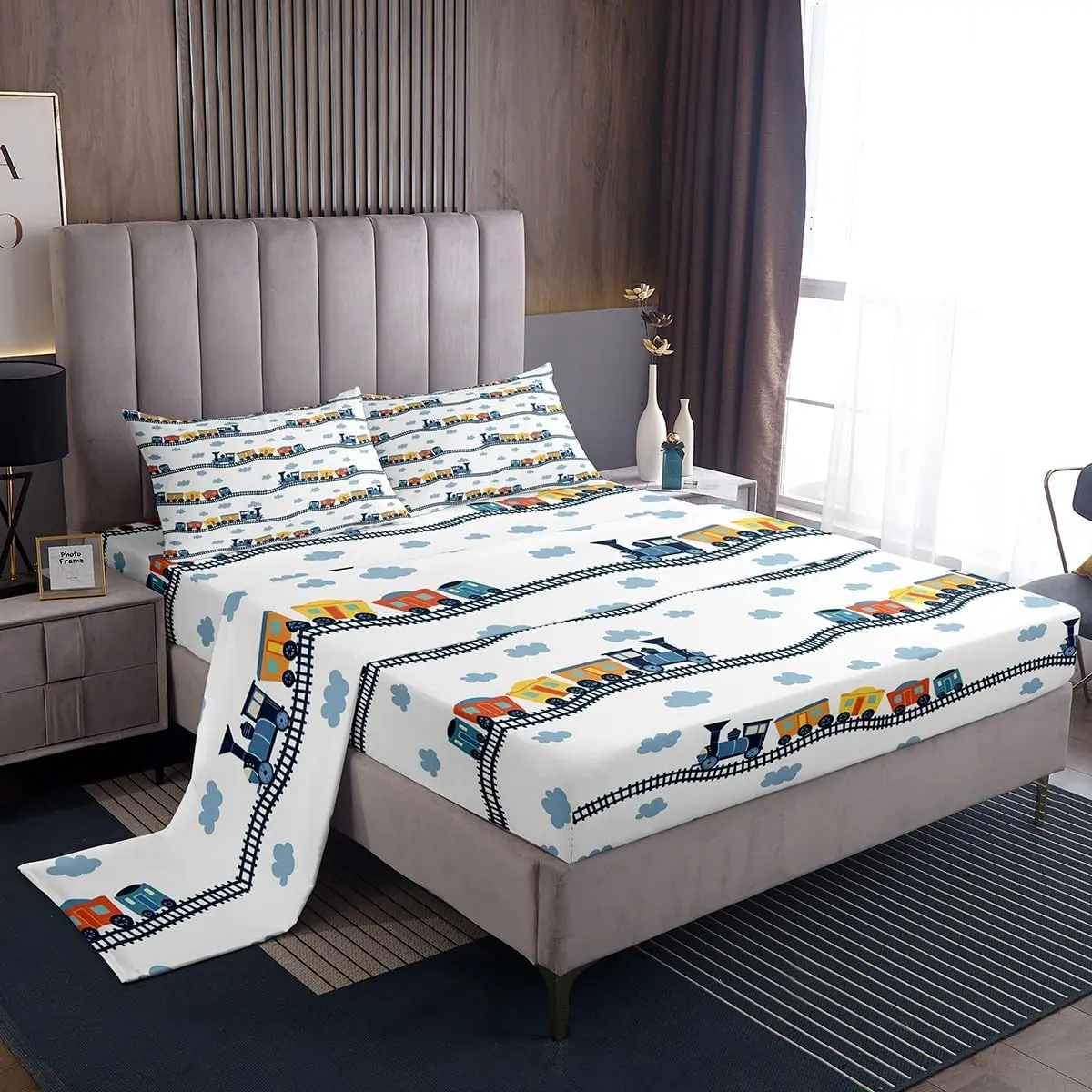 Feelyou Kids Microfiber Luxe Bedding Sheet Set - Cute Bedding Sets with Multiple Pieces, Deep Pockets Fitted Bed Sheets, Cartoon Steam Engine Railway Truck Prints, for Boys' Rooms, Teens, Adults