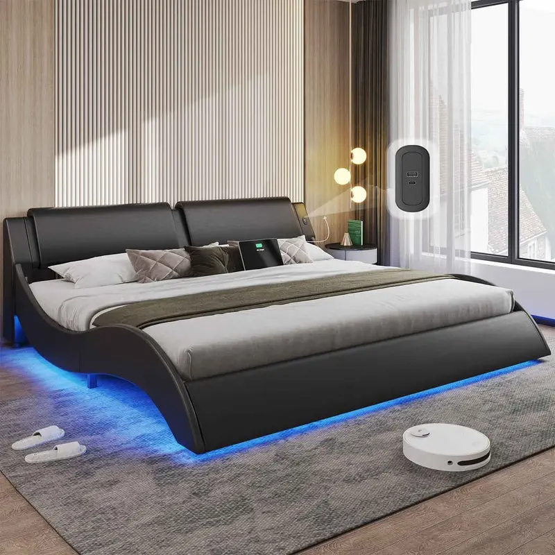[SummerSale] Sikaic King Size Platform Bed Frame with Headboard & Charging Ports, Modern Low Profile Wave Design Bed Frame with LED Lights, Upholstered Wood Slat Support Bed Frame, Black, Home Furniture, Dorm Essentials