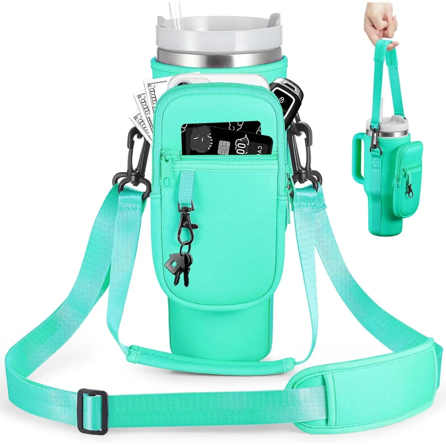 Stylish Neoprene Drink Holder Bag for 30-40 oz Tumblers & Quencher H2.0 Cups, Insulated Kitchenware Accessory with Handle, Adjustable Strap, Phone Pocket - Ideal for Moms, Teen Girls, Walking Enthusiasts, Drink Holders