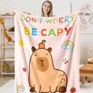 Don't Worry Be Capybara Cute Pattern Blanket, 1 Count Soft Warm Flannel Throw Blanket, Air-conditioned Room Blanket, Warm Nap Blanket for Home Office Travel
