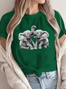 Cute Elephant Print Vintage Casual Women's Short Sleeve T-Shirt, Spring Summer Fashion, Fitted Round Neck Top for Daily Wear