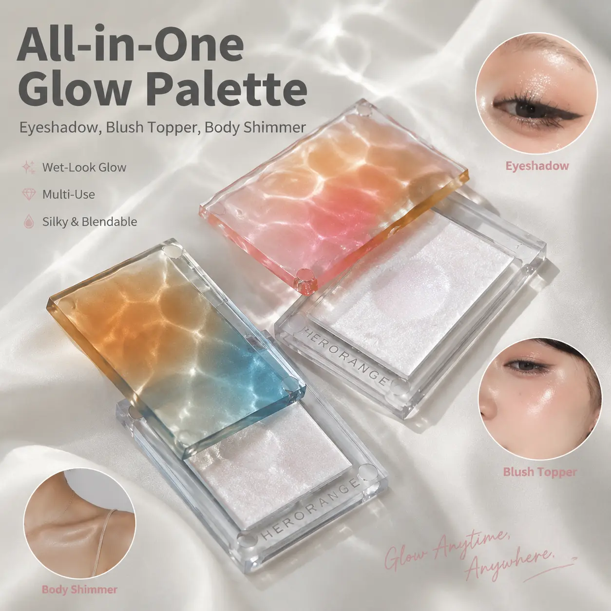 3-in-1 Waterproof Highlighter with Clear Sliding Cover, Marble Shimmer, Mashed Potato Creamy Soft Texture, Brightening Powder for Face & Body Glow, 0 Fallout Illuminator for All Skin Tones