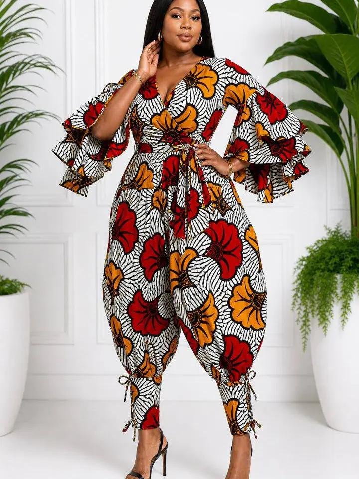 Women's Chic Fashion Ankara Overalls, Elegant Balloon-Leg Jumpsuit for Birthday Occasions, Wrap