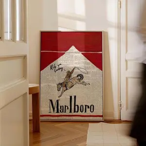[Sale Off Up To 50%] [Unframe] Vintage western cowboy Matchbox Print poster Trendy Matches Retro Marlboro Matchbook Wall Art Aesthetic newspaper bar cart (No Frame)