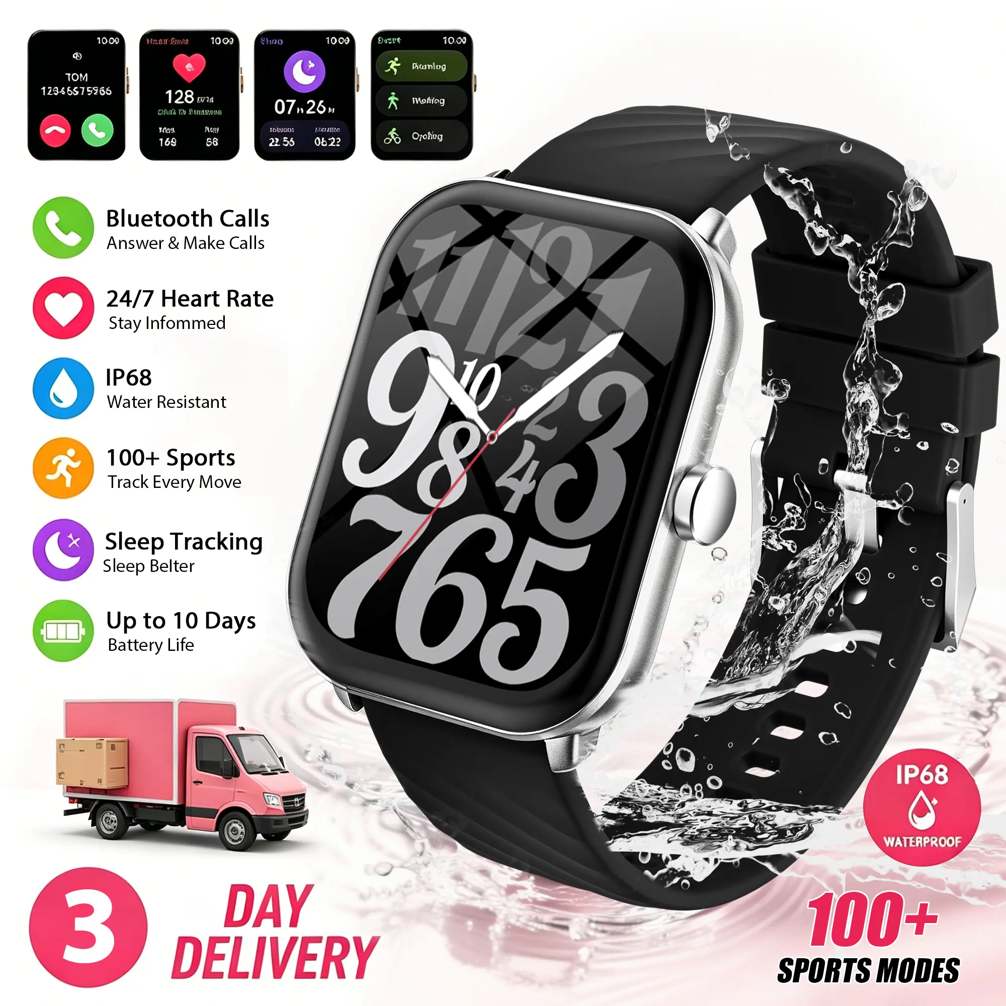 SIMSONLAB Wearable Tech Smart Watch (2.01 in) - IP68 Waterproof, Sweat-proof Wear, Bluetooth Calling, Music Control, DIY Custom Dial, Multiple Sports Modes, Silicone, App-controlled Smart Watches - Ideal for Daily Commute, Sports Fitness