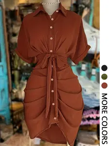 Women's Casual Pleated Waist Button Shirt Dress, Short Sleeve, Batwing, Summer, Non-Elastic, Comfortable and Stylish, Perfect for Daily Wear