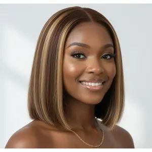 100% Virgin Human Hair Lace Front Wig, Straight Bob with Brown Highlights, 13x4 HD Transparent Lace, Mocha Water Wave