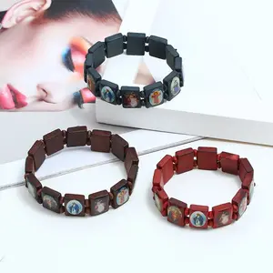 Fashion Wood Stretch Catholic Icon Bracelet Elastic Coloured Beads Wristchain Sty6lish Wristband for Daily Wear