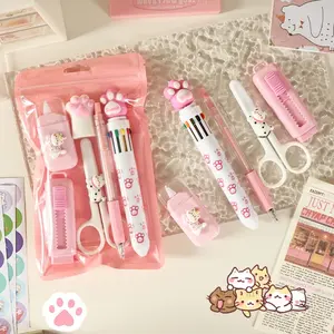 6pcs Cat Claw Stationery Set, Multifunctional Pen Set with Scissors, Pencil Sharpener, Six-Color Neutral Pens, Eraser, for Boys and Girls