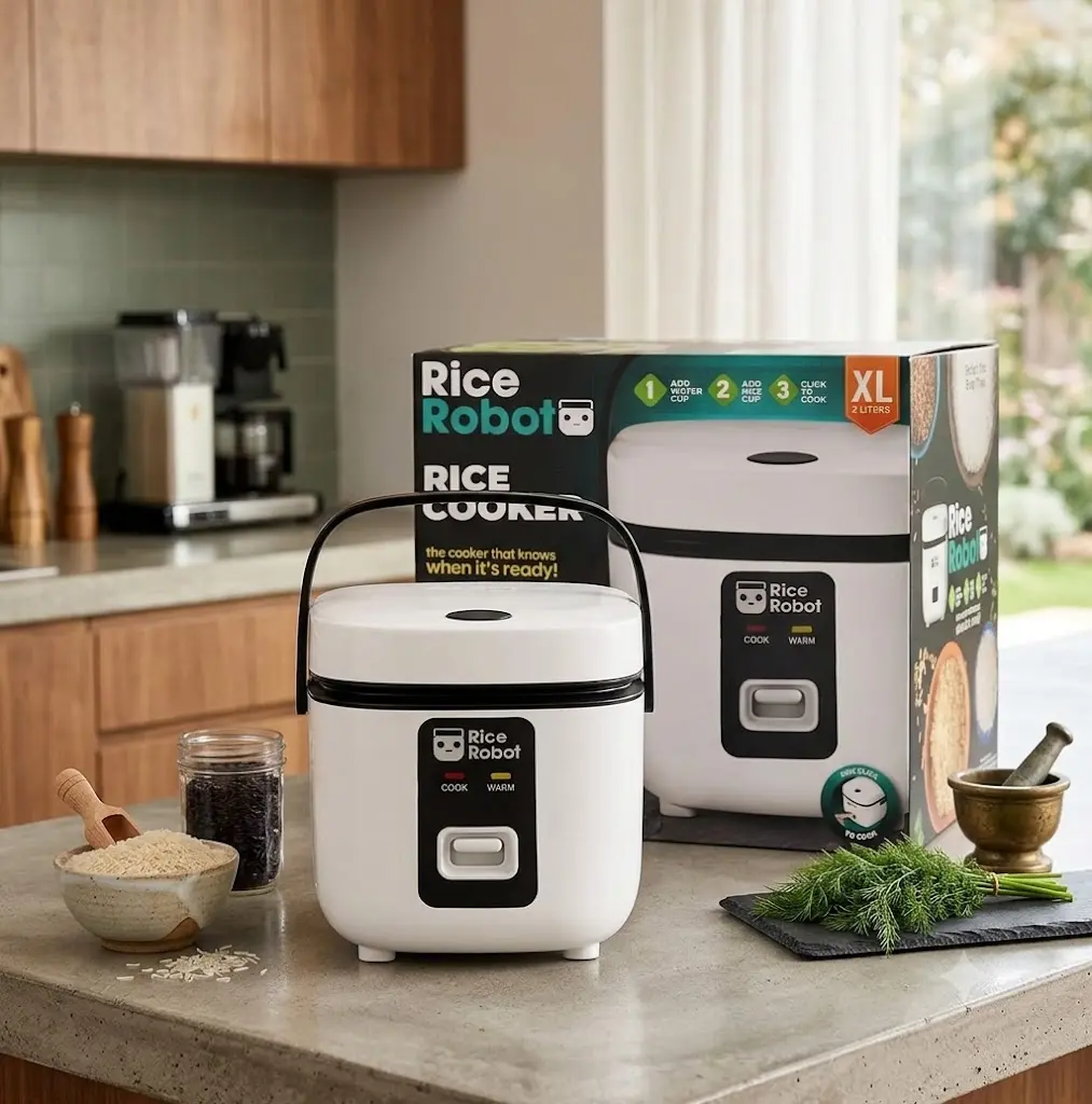 Rice Robot XL Rice Cooker – Family Size 4 Cup Uncooked (8 Cups Cooked) Electric Rice Maker, Ceramic Nonstick, Includes Stainless Steel Steamer Tray and Accessories | As Seen on TV