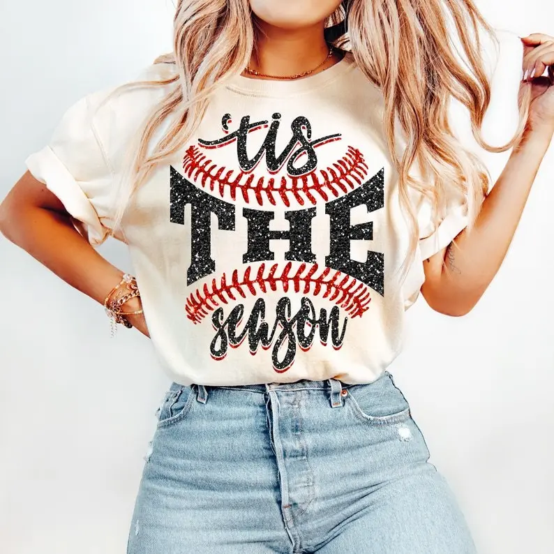 Women's Fitted Round Neck Shortsleeve Casual Top - Faux Glitter Baseball Theme, Sporty Chic Team Mom Streetwear, Football Fashion Game Day Sport Top