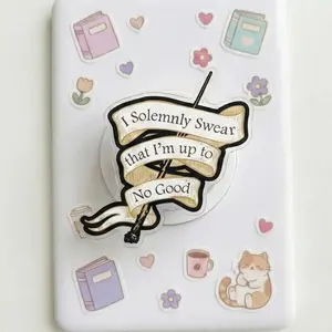 Magnetic Phone Grip Mischief Managed Wizard Quote Kindleholder – Magic Wand & Banner Art, Solemnly Swear Text Magneticphonegrips, Bookish Fantasy Gift