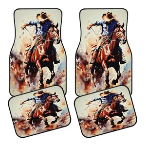 4-Piece Car Mat Set, Luxury Bohemian Floor Mats, Unisex Car Decoration, Cowhide Denim Western Vintage Pattern, All Vehicle Types
