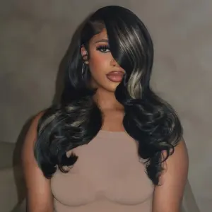 Highlight Ash Blonde Body Wave Human Hair Wig 13x6 Lace Front Wig Black and Blonde Highlight 5x5 Lace Closure Wig 180 Density Pre Plucked for Women