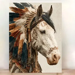 A Native American Equestrian Art, Framed - Rustic Western Canvas Wall Decor, Tribal Feather Headdress and Detailed Horse Tail Art, Farmhouse Style Living Room Decoration, High-Quality Printed Canvas, Western Home Decor, 2D Flat, Perfect Room Decoration