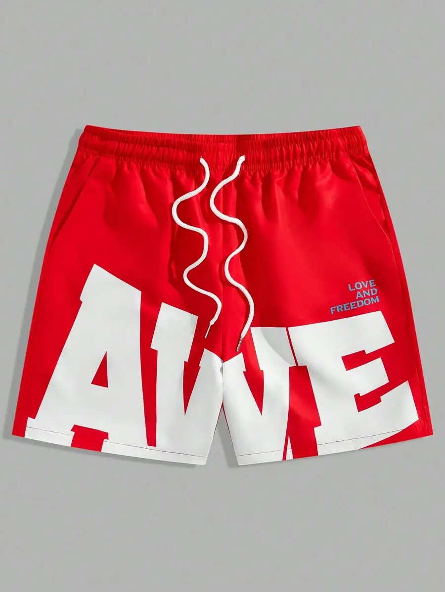 MEN Prep Spring/Summer Casual Graphic Red Men'S Drawstring Waist Letter Print Basketball Shorts, School