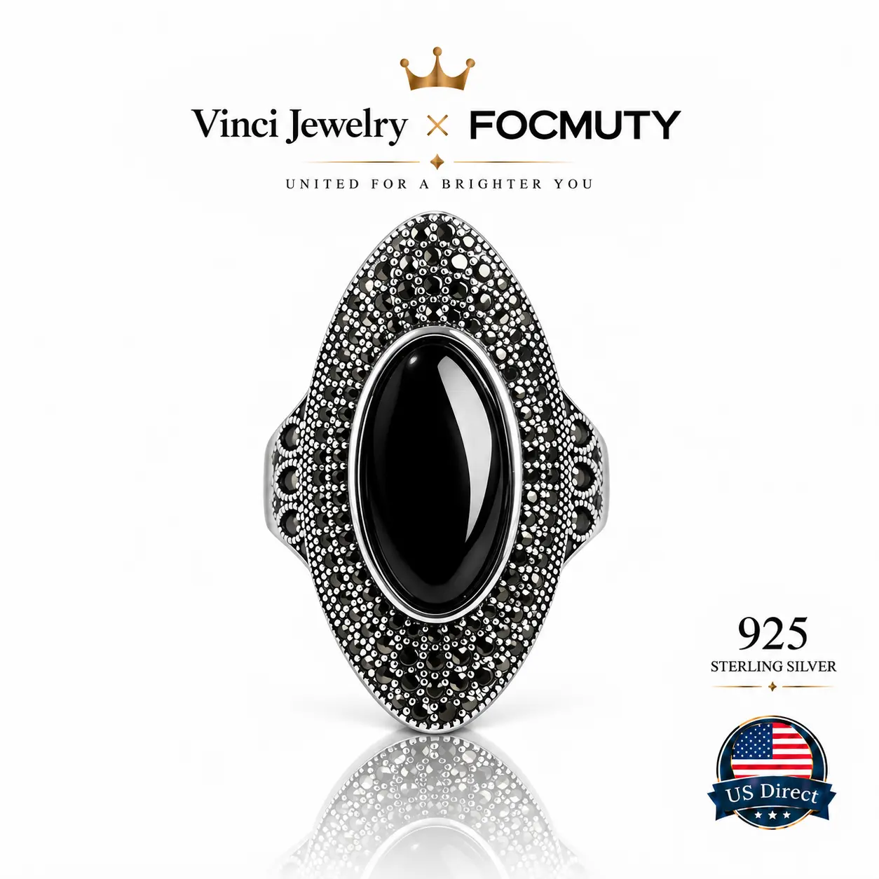 FOCMUTY 925 Sterling Silver Vintage Retro Cocktail Statement Ring Black Marcasite / Onyx / Obsidian Ring with Black Cubic Zirconia Surrounded Decor, Antique Silver Big Black Stone Ring Victorian Style Jewelry for Women and Men,Mother's day Gift