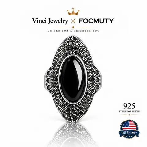 FOCMUTY 925 Sterling Silver Vintage Retro Cocktail Statement Ring Black Marcasite / Onyx / Obsidian Ring with Black Cubic Zirconia Surrounded Decor, Antique Silver Big Black Stone Ring Victorian Style Jewelry for Women and Men,Mother's day Gift