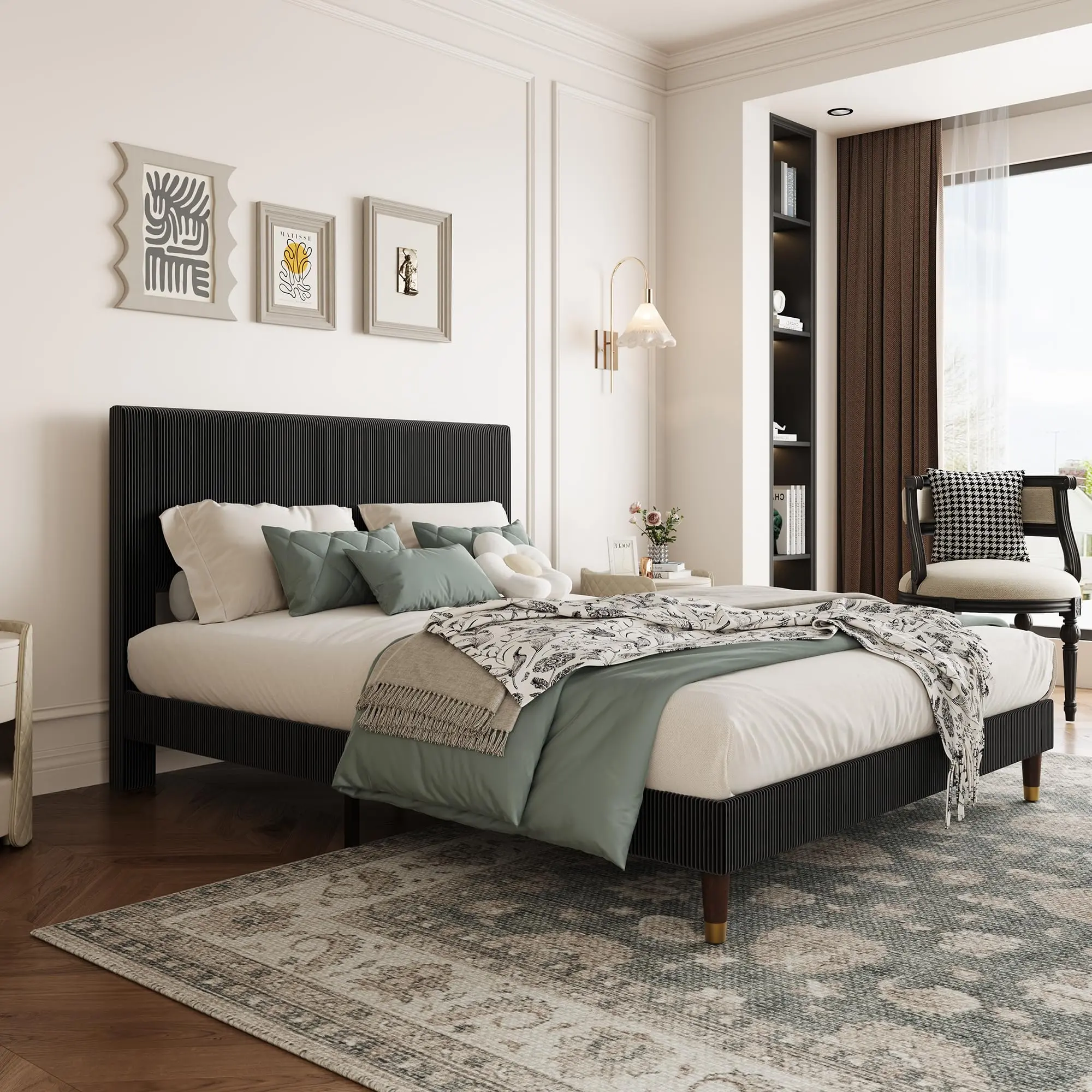 Garvee Upgraded Full Size Upholstered Bed Frame, Platform Bed with Modern Fabric Headboard Black