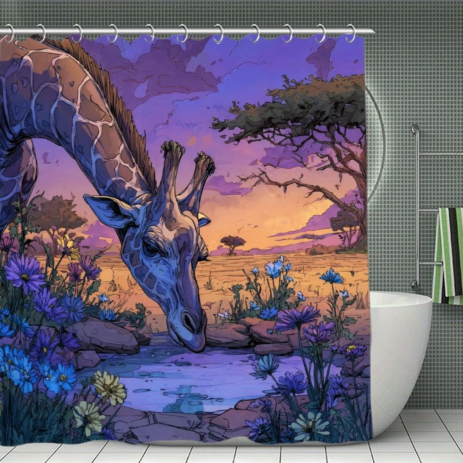 Giraffe Drinking Water African Savanna Dusk Scenery Shower Curtain