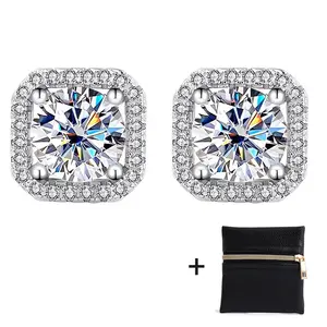 [Unisex Earrings] Synthetic Moissanite Square Stud Earrings D Color VVS1 Hypoallergenic Graceful Jewelry Gift Halo Earrings for Women Men