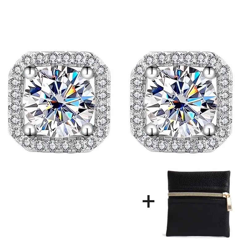 [Unisex Earrings] Synthetic Moissanite Square Stud Earrings D Color VVS1 Hypoallergenic Graceful Jewelry Gift Halo Earrings for Women Men