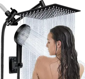 8 Inch High Pressure Rain Shower Head Combo with Handheld Spray, Adjustable Extension Arm, 3-Way Flow Regulator Rainfall Shower System with Hose, Matte Black