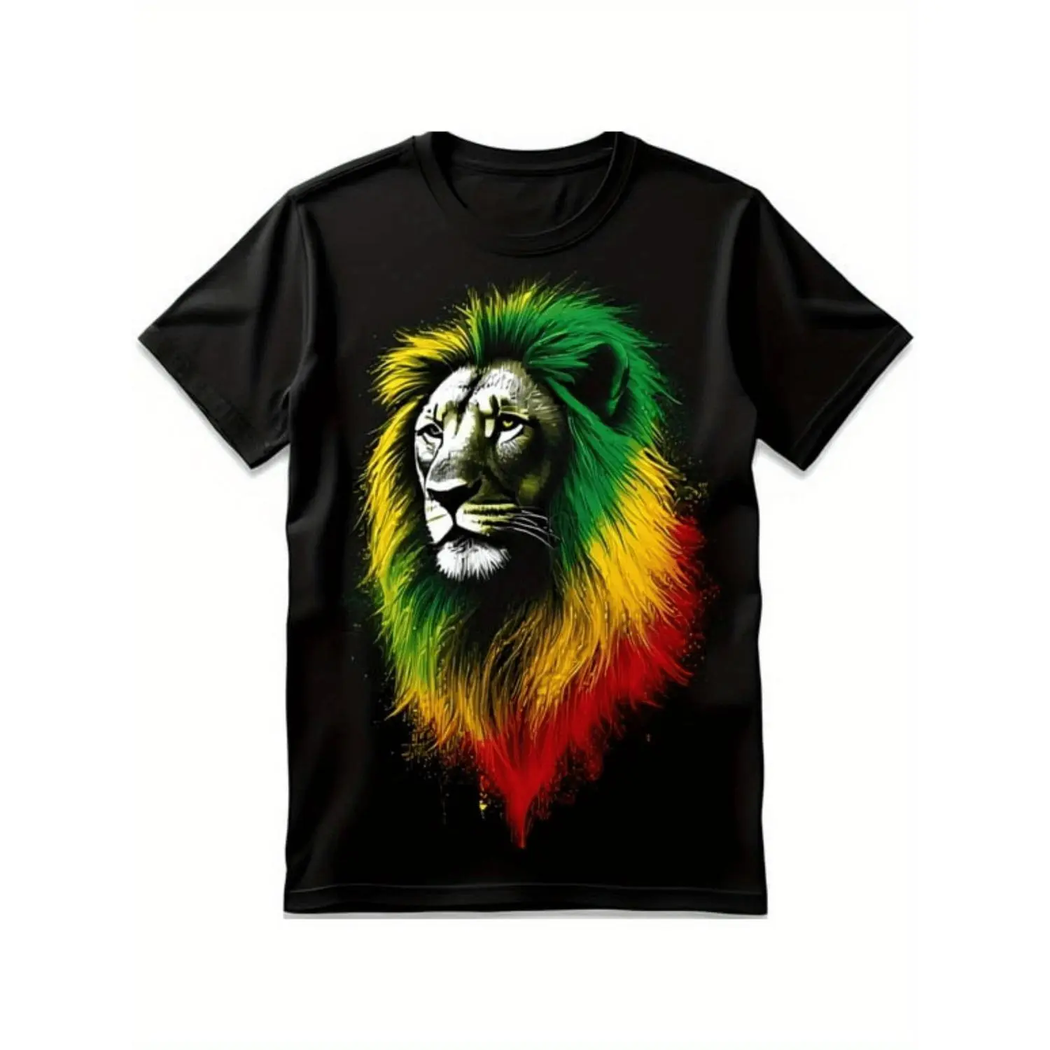Mens Black Cotton T-Shirt Featuring Rasta Lion Graphic with Vibrant Green Yellow Red Chest Print Comfortable Retro Streetwear Tee Regular Fit Round Neck Ideal for Gym Running and Casual Wear Inspired by Ethiopian Lion of Judah