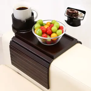 Couch Cup Holder Tray, Acacia Wood Couch Armrest Table with 360° Ratated Phone Holder, 18.99" Flodable Anti-Slip Sofa Armrest Tray Tables for Snacks Remote Storage side small coffee trinket shelf lap caddy coucha rm foldable leg stand bamboo