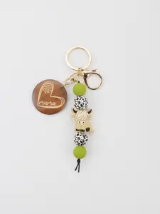 Silicone Bead Wood Pearl Mama Keychain, Bull Cartoon Bag Charm, Mother's Day Gift, Cute Accessory for Bags and Keys