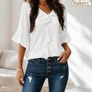 Yodutry| Women’S Ruffled V-Neck Blouse Bell Sleeve Crinkle Chiffon Top Casual 3/4 Sleeve Work Blouse Flowy Ruffle Trim Shirt Lightweight Crinkle Fabric Blouse Versatile Everyday Wear TopRelaxed Fit Ruffle Neck BlouseMulti-Color Flare Sleeve Top
