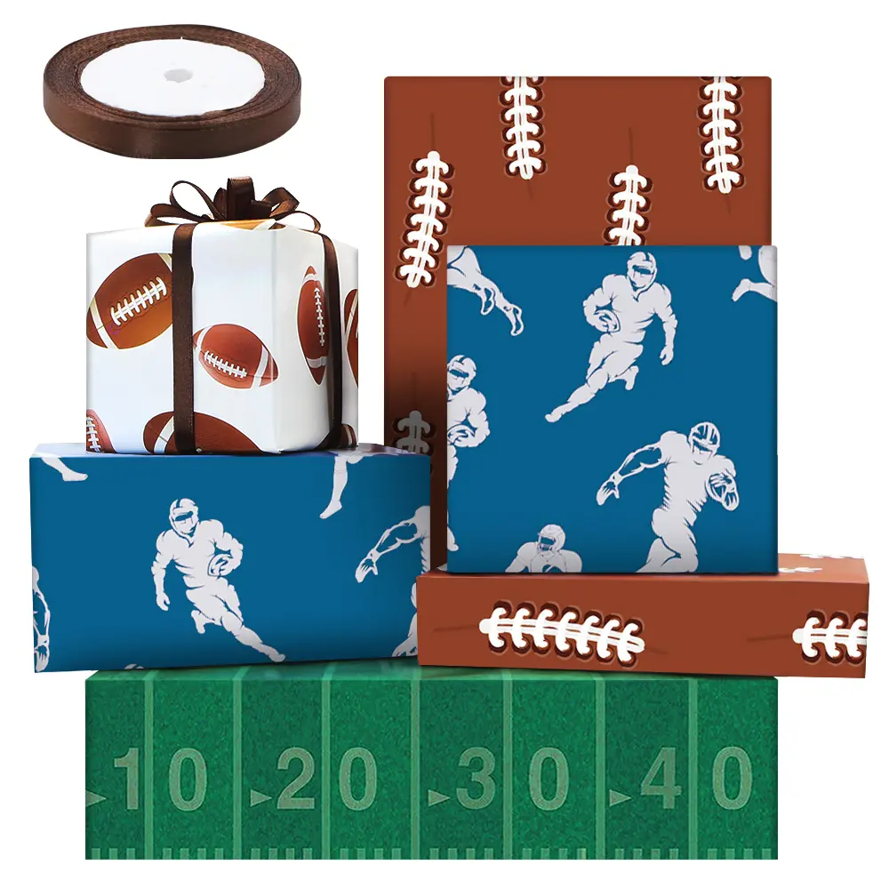 Green Pitch Rugby Player in Full Flight Scrum Ball Wrapping Paper 4 Foled Flat Sheets in 4 Designs 15 sq. ft. ttl. With 22m Silk Ribbon, Gift Wrap For Football Birthday Sports Party