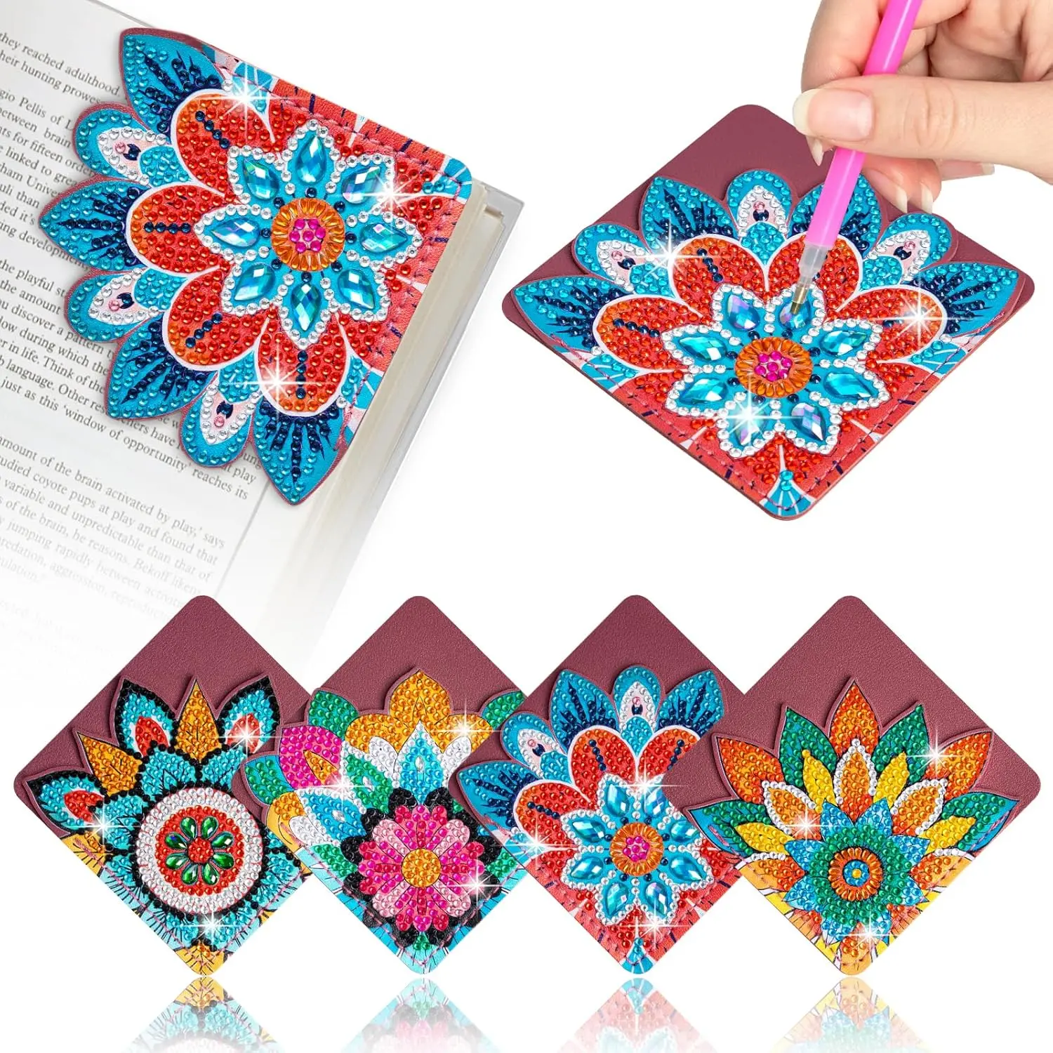 4-Count Synthetic PU Leather Triangular Colorful DIY Craft Mandala Painting Bookmarks Kit - Adult Book Accessories for Book Corner Protection (Mandala B)
