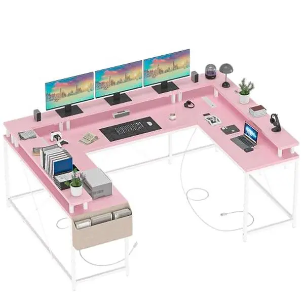 【DealsForYouDays】GARVEE U Shaped Desk, 79 Inch Large Corner Office Desk with Monitor Stands, Reversible L Shaped Computer Gaming Desk with Power Outlets & LED Lights,U Shaped Gaming Desk (Deep Pink)