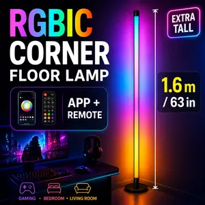 63-Inch Smart RGBIC Corner Floor Lamp, USB-Powered LED Mood Light with App & Remote Control, Color-Changing Standing Lamp with Music Sync & Timer for Bedroom, Living Room, Gaming Room & Party Decor