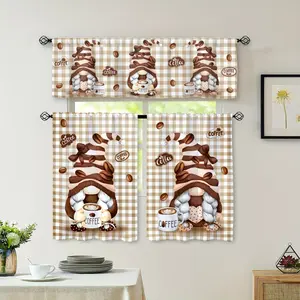1pc Curtain Header/2pcs Curtains, Vintage Checkered Cute Gnome Coffee Curtains, Rod Pocket Country Check Print Light-Filtering Curtains for Kitchen, Living Room, Office, Bedroom Home Decor panel set doble layer darkening floral ruffle boho cortina forro