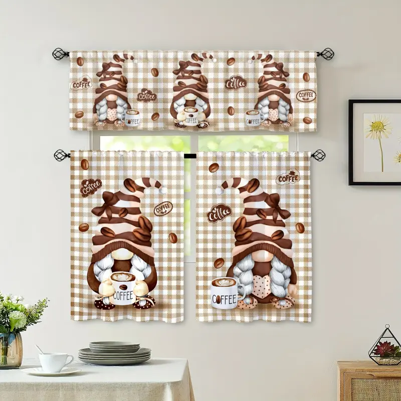 1pc Curtain Header/2pcs Curtains, Vintage Checkered Cute Gnome Coffee Curtains, Rod Pocket Country Check Print Light-Filtering Curtains for Kitchen, Living Room, Office, Bedroom Home Decor panel set doble layer darkening floral ruffle boho cortina forro