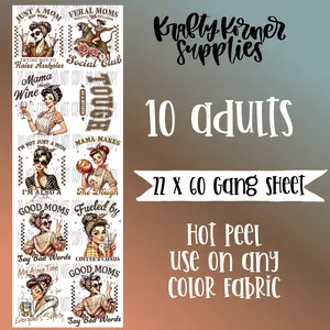 Distressed Vintage Moms DTF Transfer Gang Sheet, 22 x 60