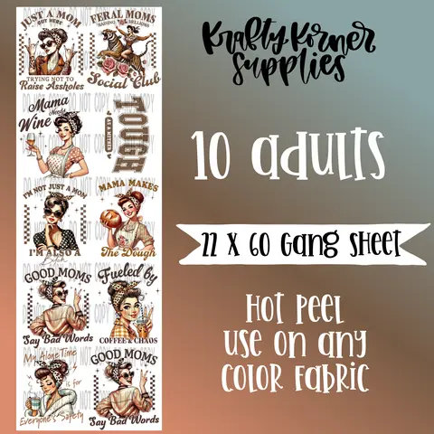 Distressed Vintage Moms DTF Transfer Gang Sheet Craft Supplies - 22x60 Size (22 x 60 in) Hot Peel DIY Craft Decor, Office Stationery Notebooks & Paper Projects, Goes on Any Fabric