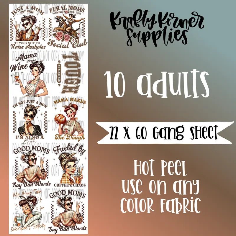 Distressed Vintage Moms DTF Transfer Gang Sheet Craft Supplies - 22x60 Size (22 x 60 in) Hot Peel DIY Craft Decor, Office Stationery Notebooks & Paper Projects, Goes on Any Fabric