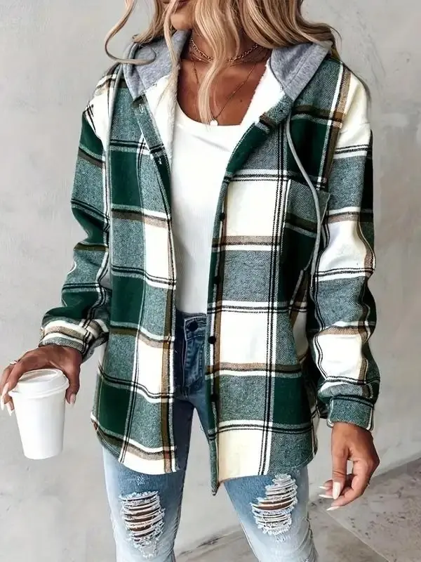 Christmas Gift Women's Plaid Print Button Front Drawstring Coats, Casual Long Sleeve Drop Shoulder Outerwear for Women, Ladies Fall & Winter Clothes for Daily Wear, Longsleeves Casual Jackets, Christmas 2024 Trend