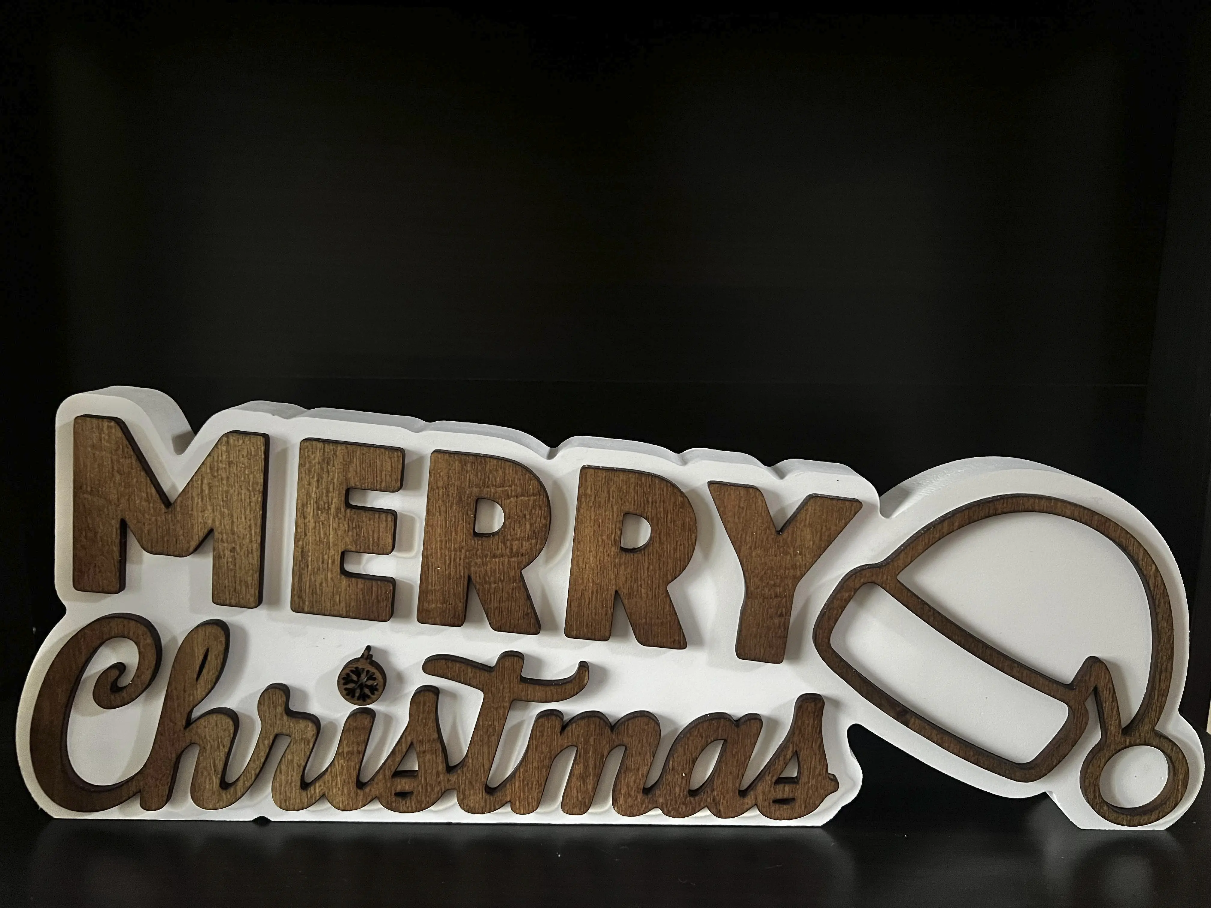 White PVC "Merry Christmas" Table Sign with Santa Hat and 3D Stained Wood Accents