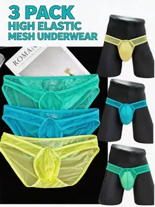 Men's Ice Silk Triangle Briefs, Fluorescent Fresh Colorblock, Ultra-Thin Breathable Mesh Pouch, Sexy Trendy Fitted Men's Underwear, 3 Pack