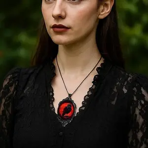 Gothic Raven Red Glass Pendant Black Rope Necklace- Gothic Aesthetic Dark Academia Grunge Alternative Vintage Punk Elegant Statement Jewelry Accessories for Women Valentines Gifts for gf
