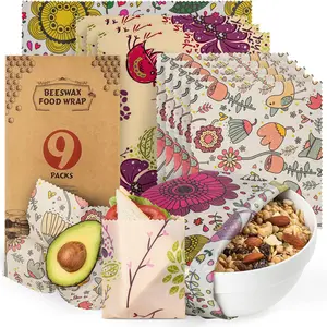Reusable Food Wraps w/Beeswax Assorted 9 Packs - Eco-Friendly Reusable Wraps, Biodegradable, Zero Waste, Organic, Sustainable, Plastic-Free Food Storage, 5S, 3M, 1L w/Plants and Boho Birds Pattern