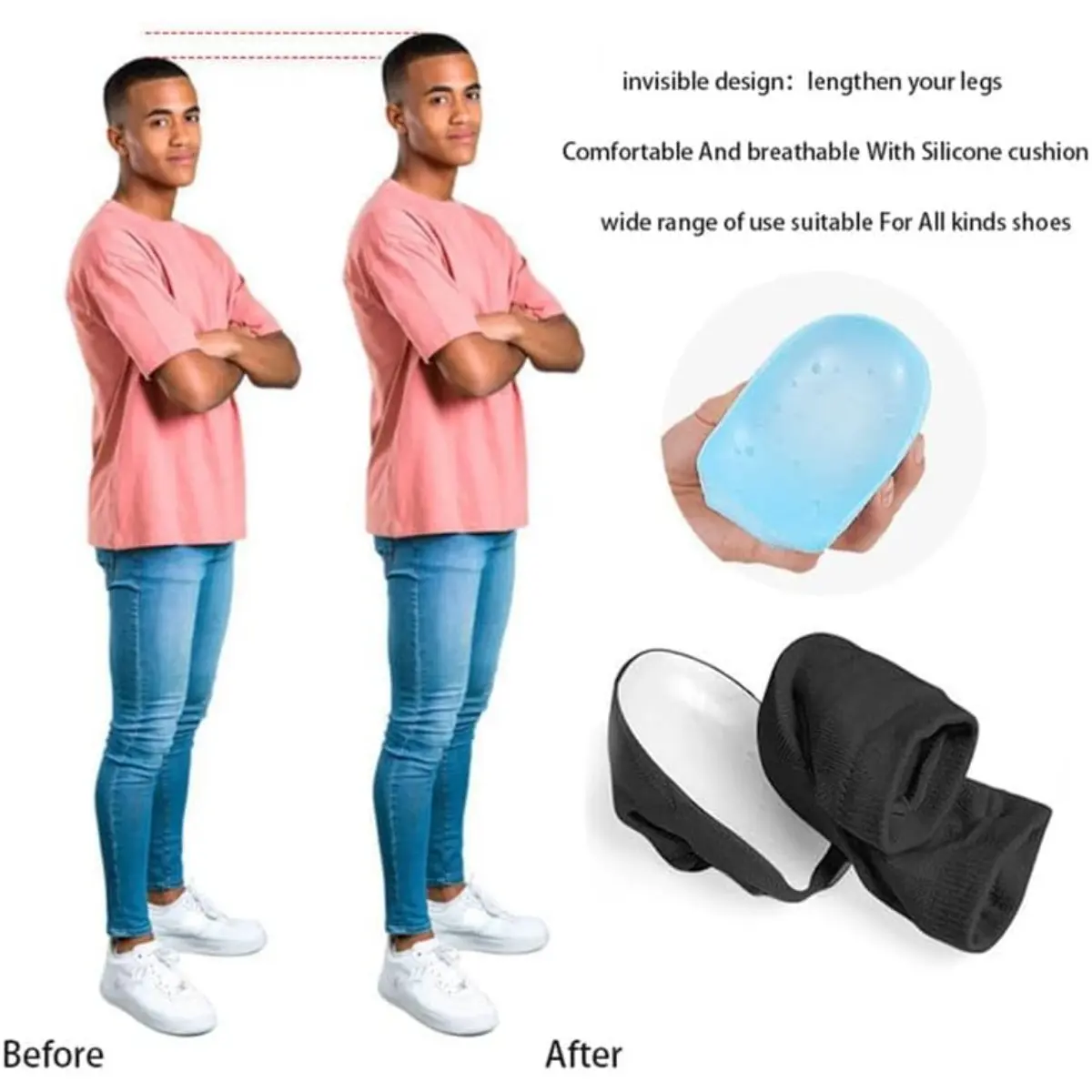 Height Enhancing Insoles Invisible Heel Pads Hidden Lift Inside Shoes Half Inserts for Men Women Comfortable Cushion Unisex Height Increase Socks Black Premium Silicone Material Absorb Impact Soft Cushioning Easily Cleanable Footwear