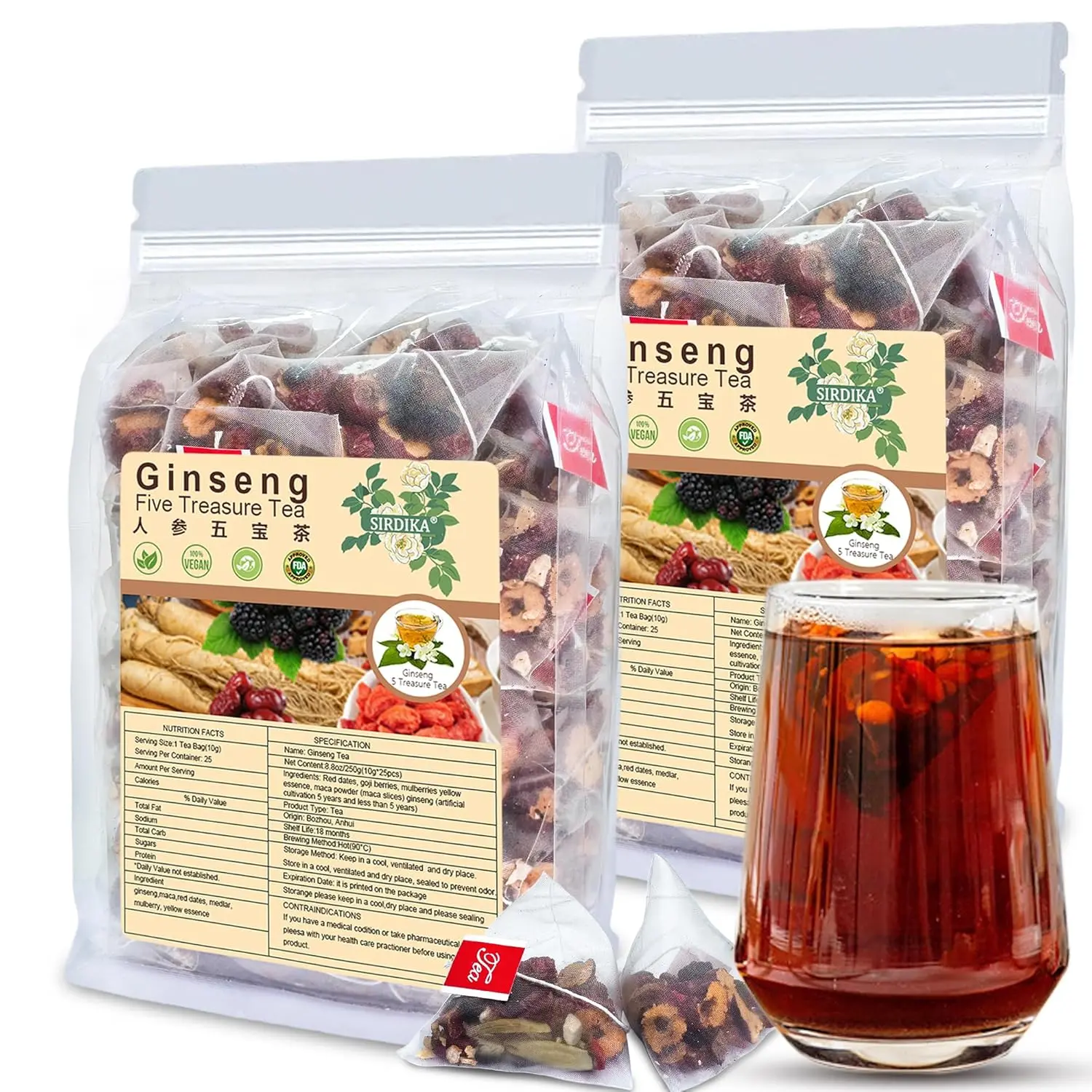 Ginseng Five Treasures Herbal Tea Bags with Ginseng, Mulberry & Red Date, Traditional Chinese Herbal Tea, Naturally Caffeine Free, 2 Bags (50 Tea Bags)