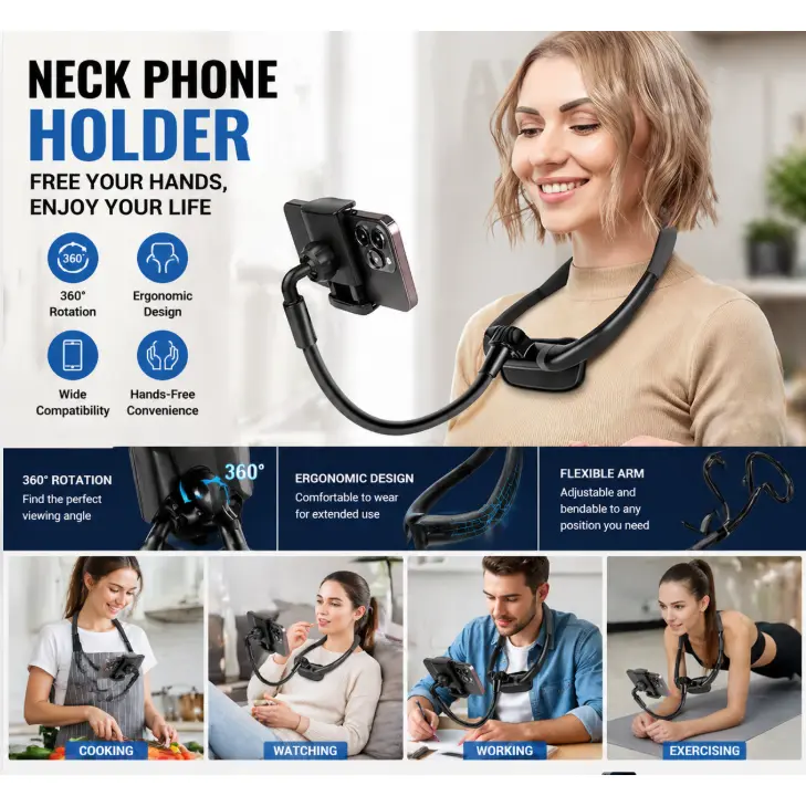 Neck Phone Mount - 16" Flexible Gooseneck with Magnetic Lock, Adjustable Holder, Hands-Free Accessory for Bed, Live Streaming, Fits 4-7" Phones, Holiday Gift for Vlogging, Adjustable Phone Holder